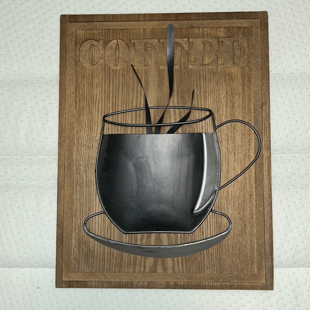 Wood plaque with metal coffee cup